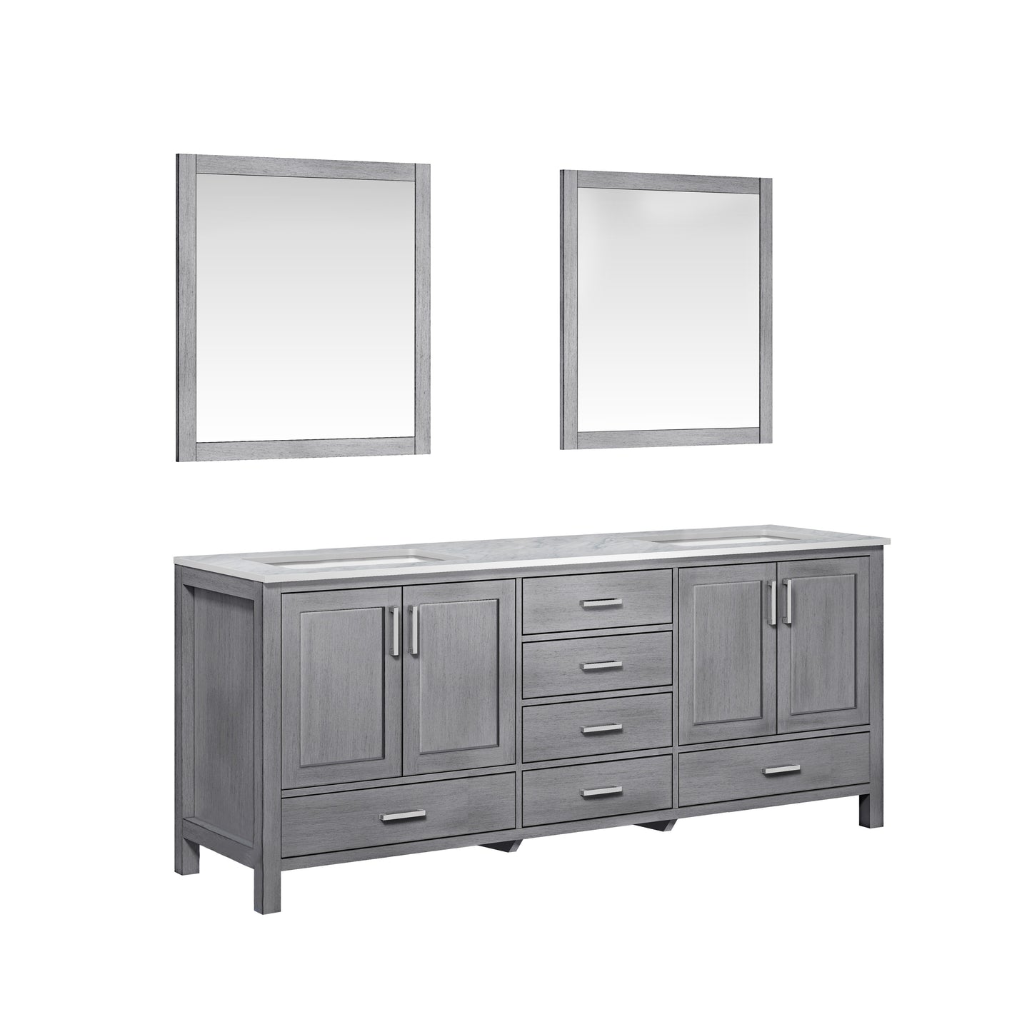 Jacques 80" Distressed Grey Double Vanity, White Carrara Marble Top, White Square Sinks and 30" Mirrors w/ Faucets