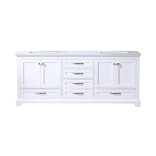 Lexora Dukes 80-inch White Double Vanity, White Carrara Marble Top, White Square Sinks and no Mirror