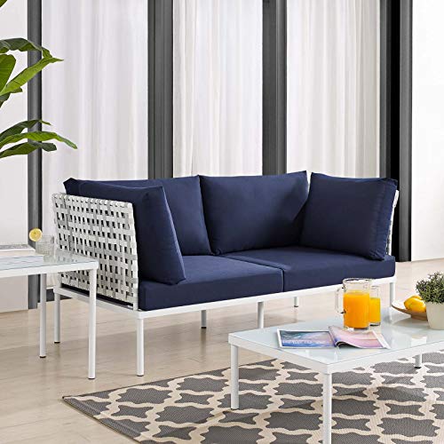 Modway EEI-4961-TAU-NAV Harmony Sunbrella Basket Weave Taupe Navy Outdoor Patio Aluminum Loveseat