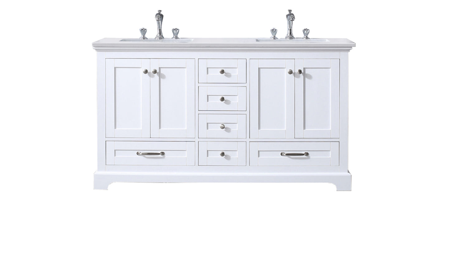 Dukes 60" White Double Vanity, White Quartz Top, White Square Sinks and no Mirror