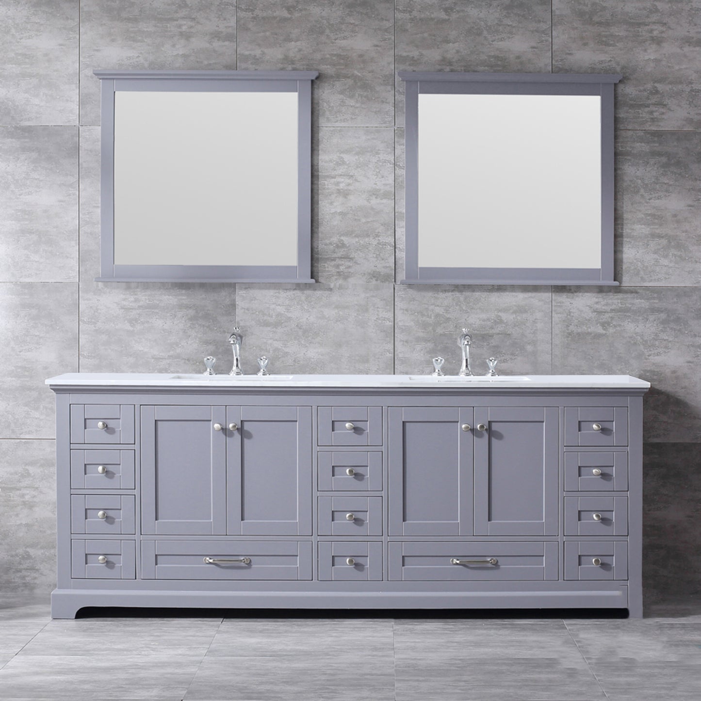 Dukes 84" Dark Grey Double Vanity, White Quartz Top, White Square Sinks and 34" Mirrors w/ Faucets