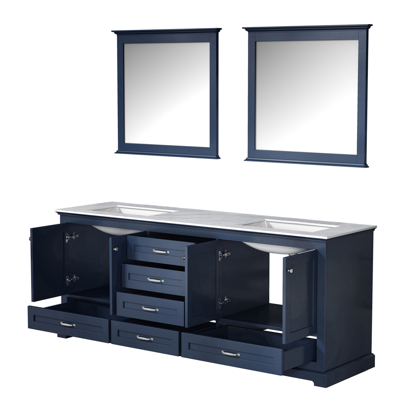 Dukes 80" Navy Blue Double Vanity, White Carrara Marble Top, White Square Sinks and 30" Mirrors