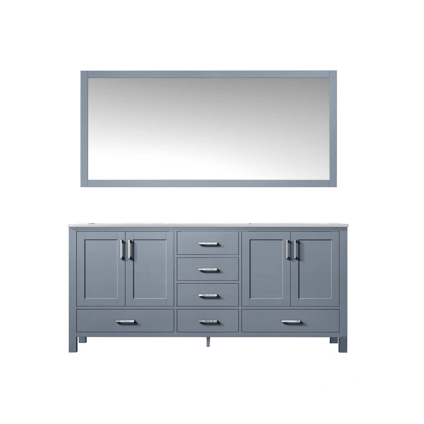 Jacques 72" Dark Grey Double Vanity, White Carrara Marble Top, White Square Sinks and 70" Mirror