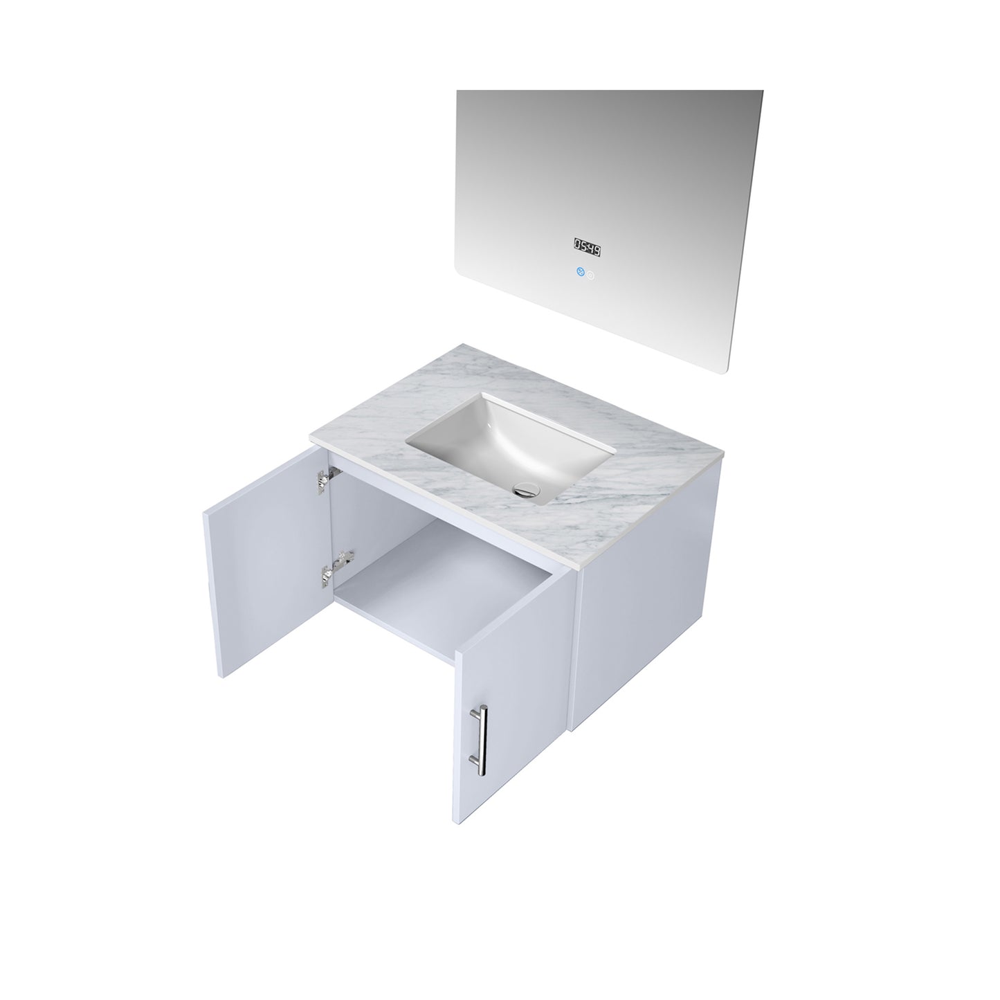 Geneva 30" Glossy White Single Vanity, White Carrara Marble Top, White Square Sink and 30" LED Mirror