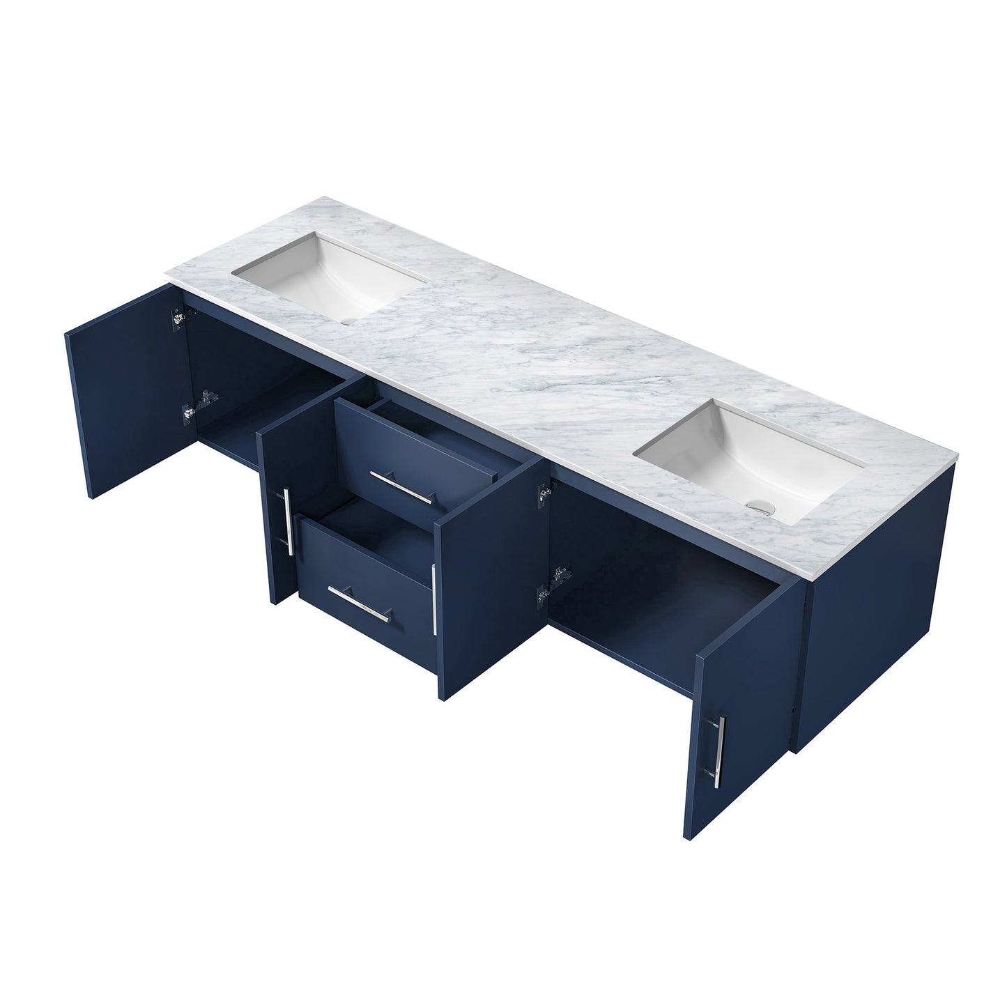 Geneva 72" Navy Blue Double Vanity, White Carrara Marble Top, White Square Sinks and no Mirror