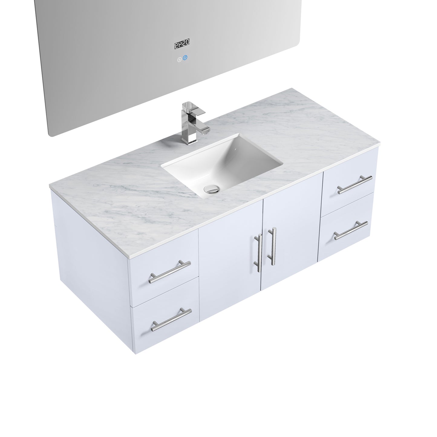 Geneva 48" Glossy White Single Vanity, White Carrara Marble Top, White Square Sink and 48" LED Mirror w/ Faucet