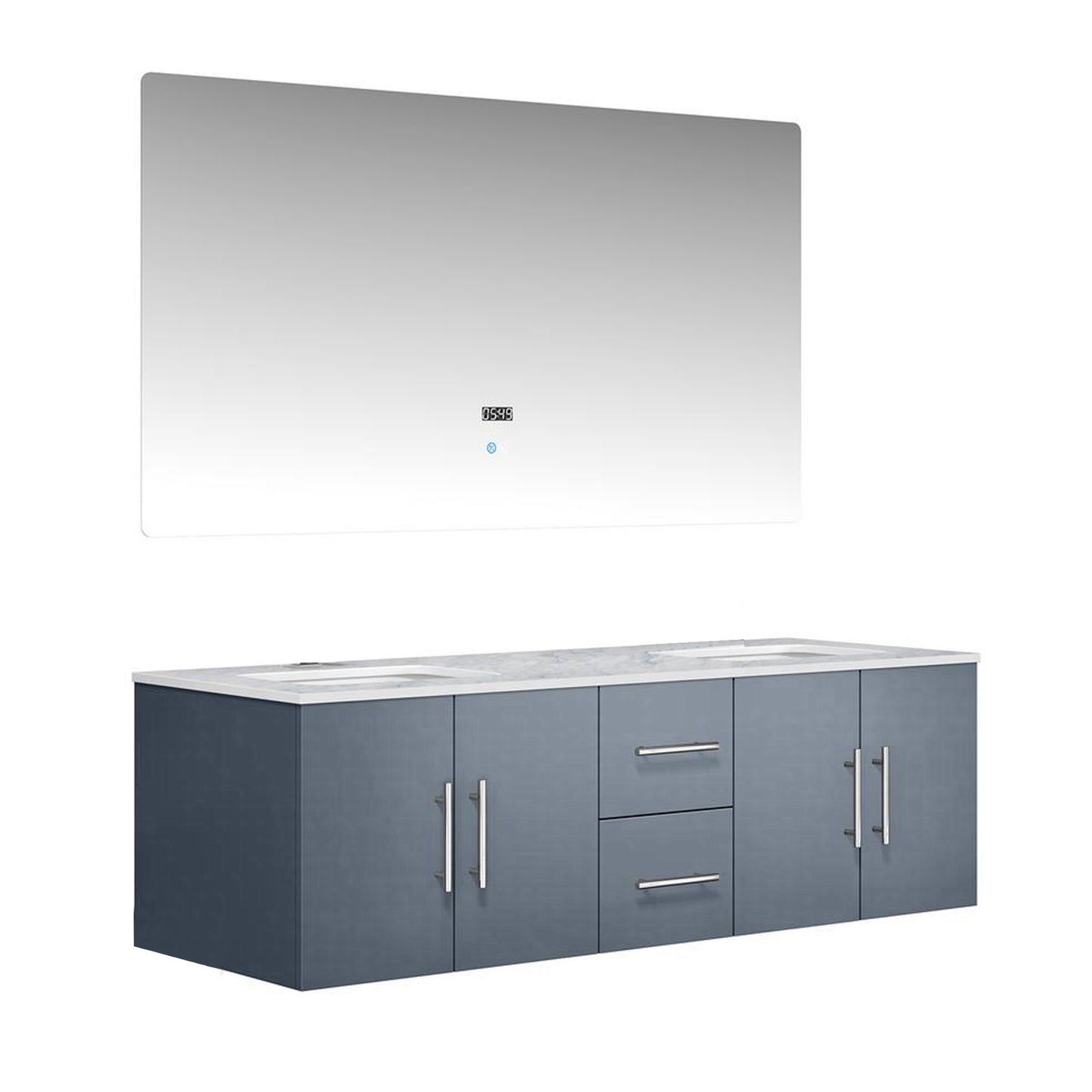 Geneva 60" Dark Grey Double Vanity, White Carrara Marble Top, White Square Sinks and 60" LED Mirror