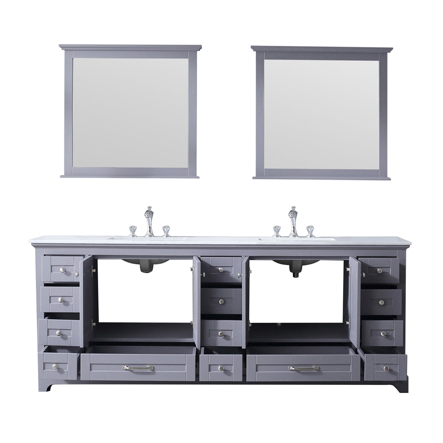 Dukes 84" Dark Grey Double Vanity, White Quartz Top, White Square Sinks and 34" Mirrors w/ Faucets