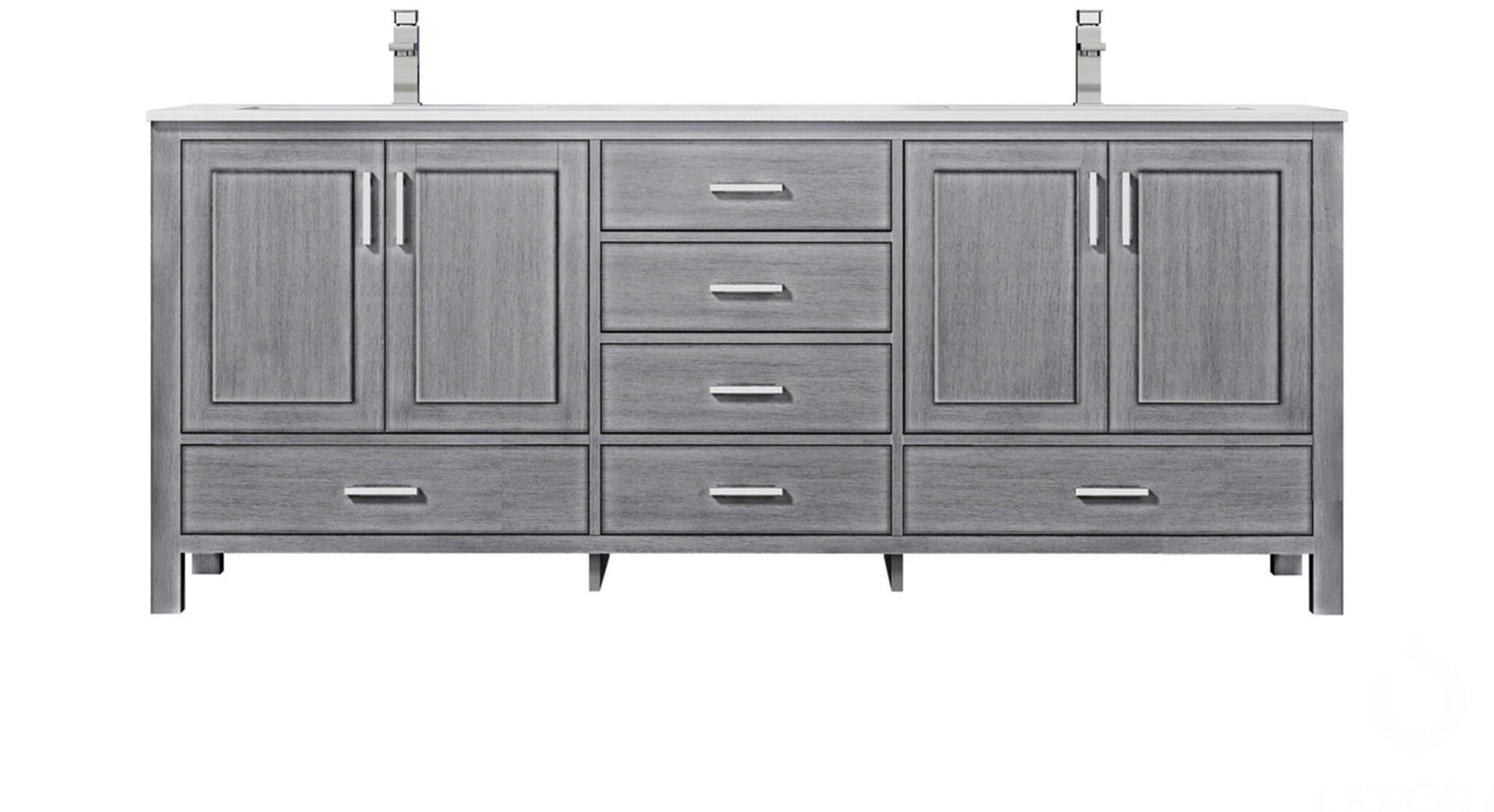 Jacques 80" Distressed Grey Double Vanity, White Quartz Top, White Square Sinks and no Mirror