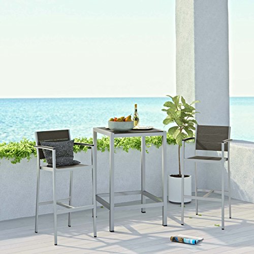 Modway Shore Aluminum 3-Piece Outdoor Patio Pub Bistro Set with 28" Bar Table and Two Bar Stools in Silver Gray