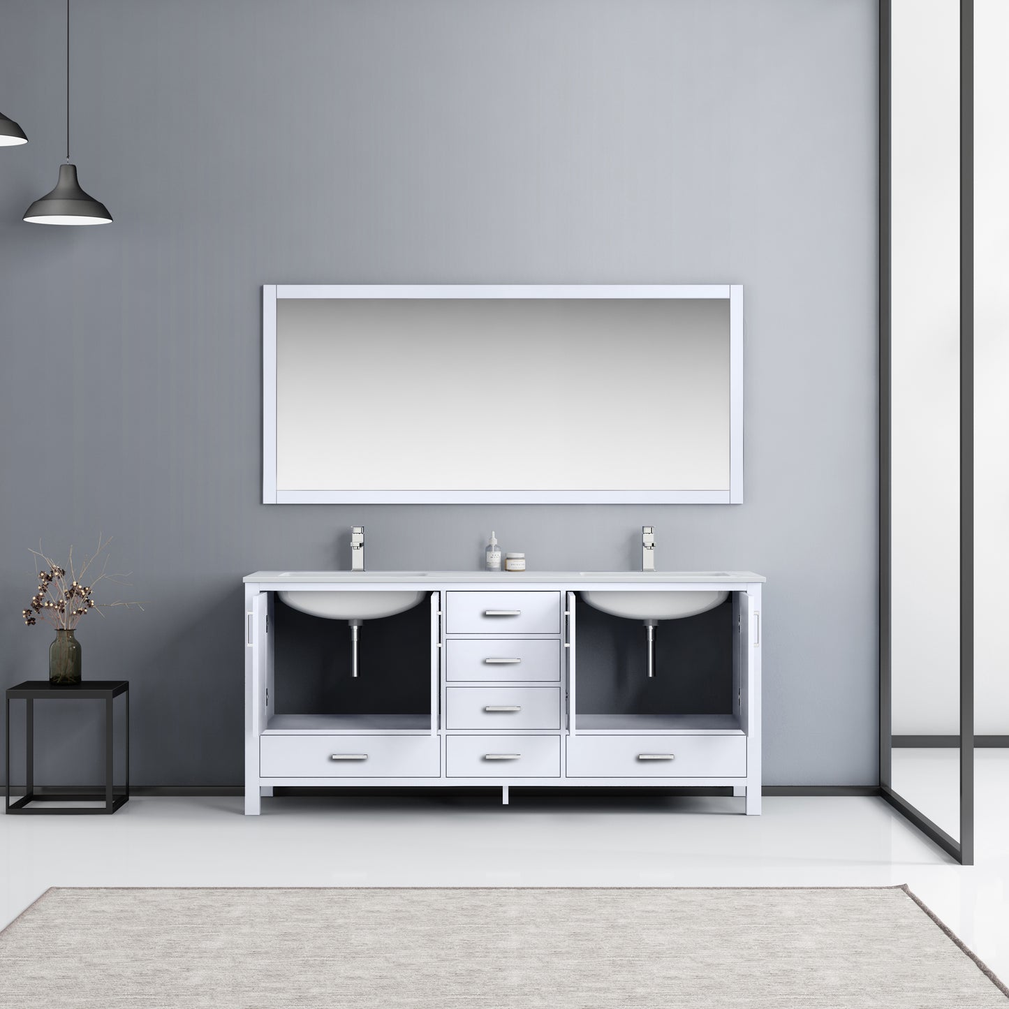 Jacques 72" White Double Vanity, White Carrara Marble Top, White Square Sinks and 70" Mirror w/ Faucets