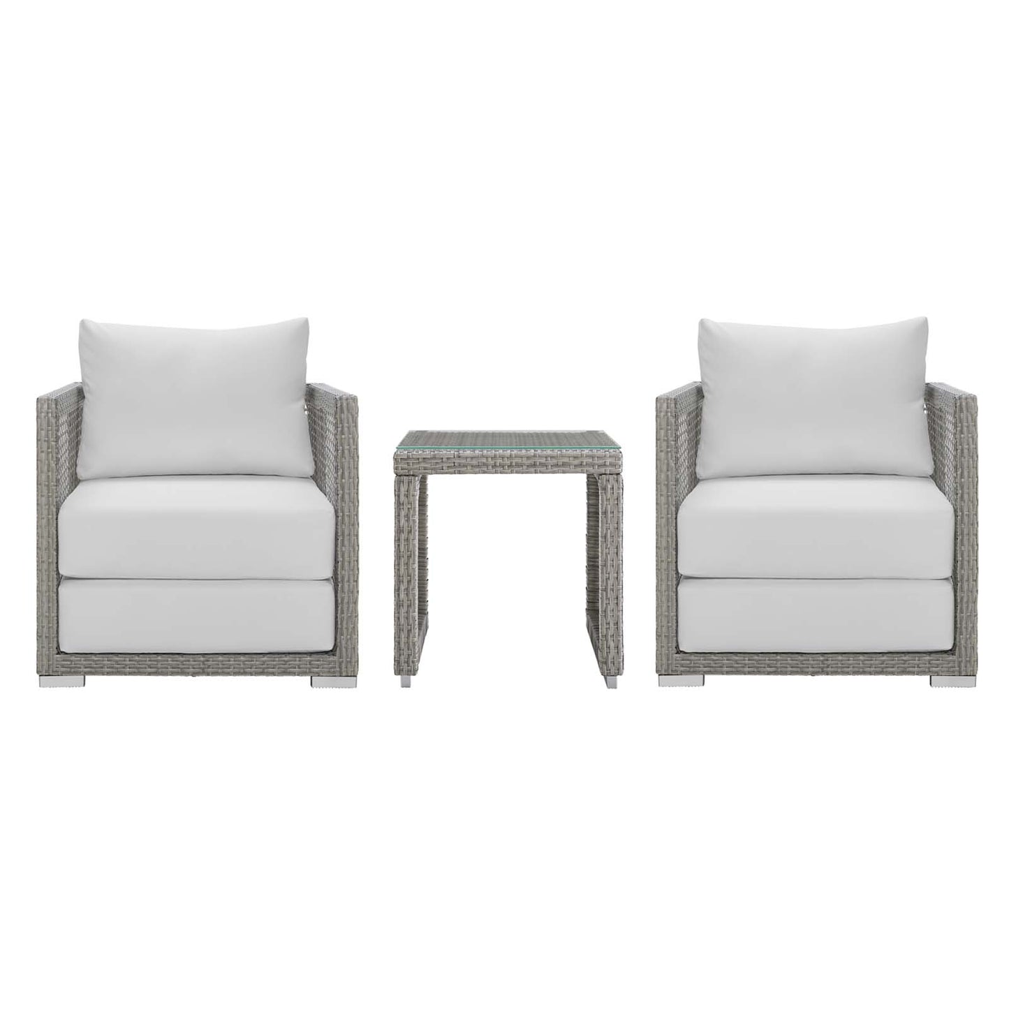 Modway Aura Outdoor Patio Wicker Rattan Side Table and Two Armchairs in Gray White