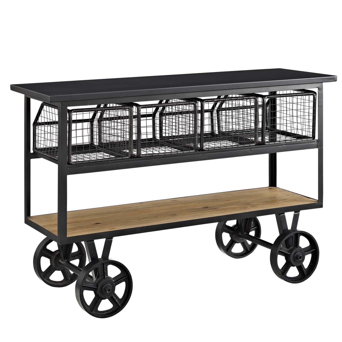 Modway Fairground Rustic Farmhouse and Steel Rolling Cart Kitchen Serving Stand in Brown