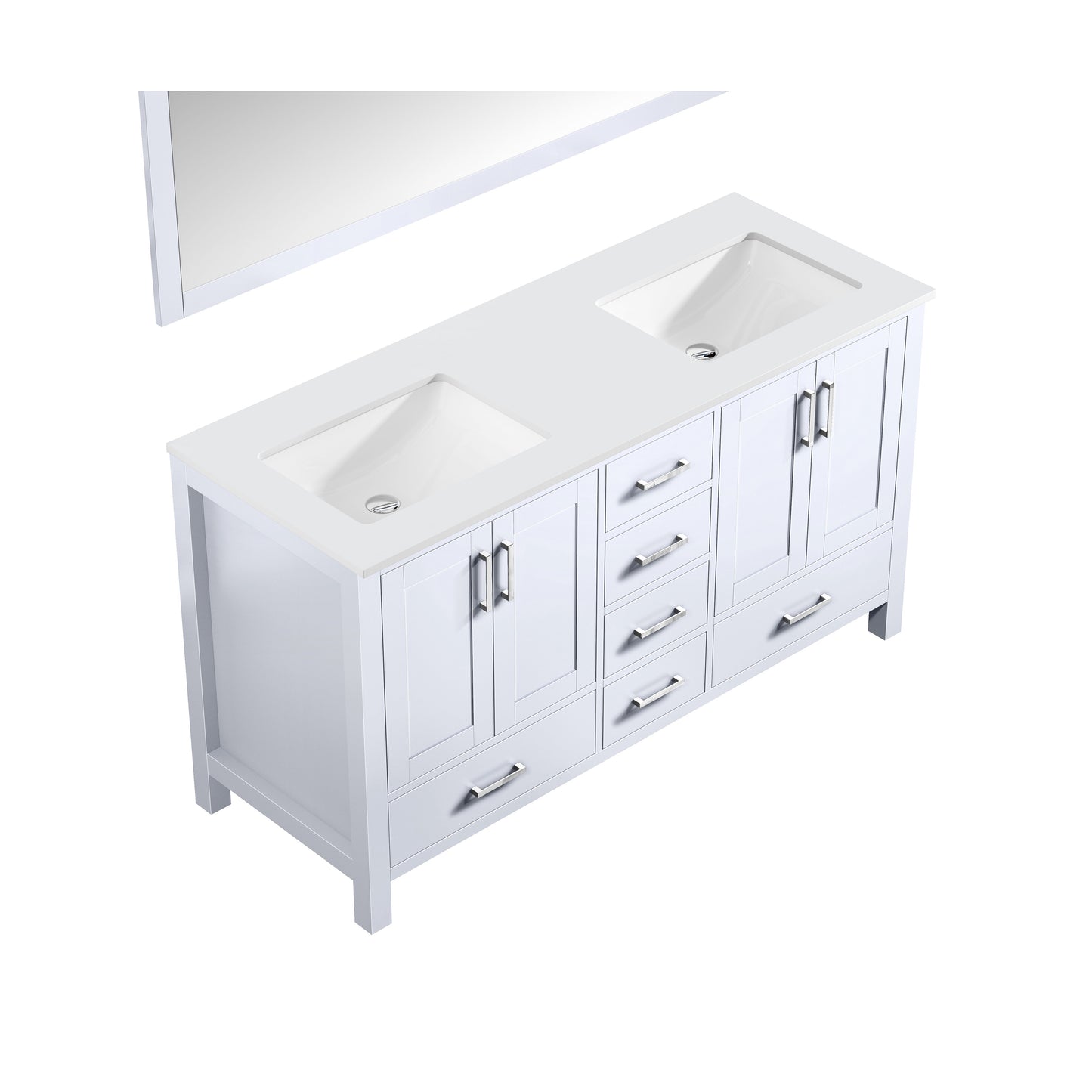 Jacques 60" White Double Vanity, White Quartz Top, White Square Sinks and 58" Mirror