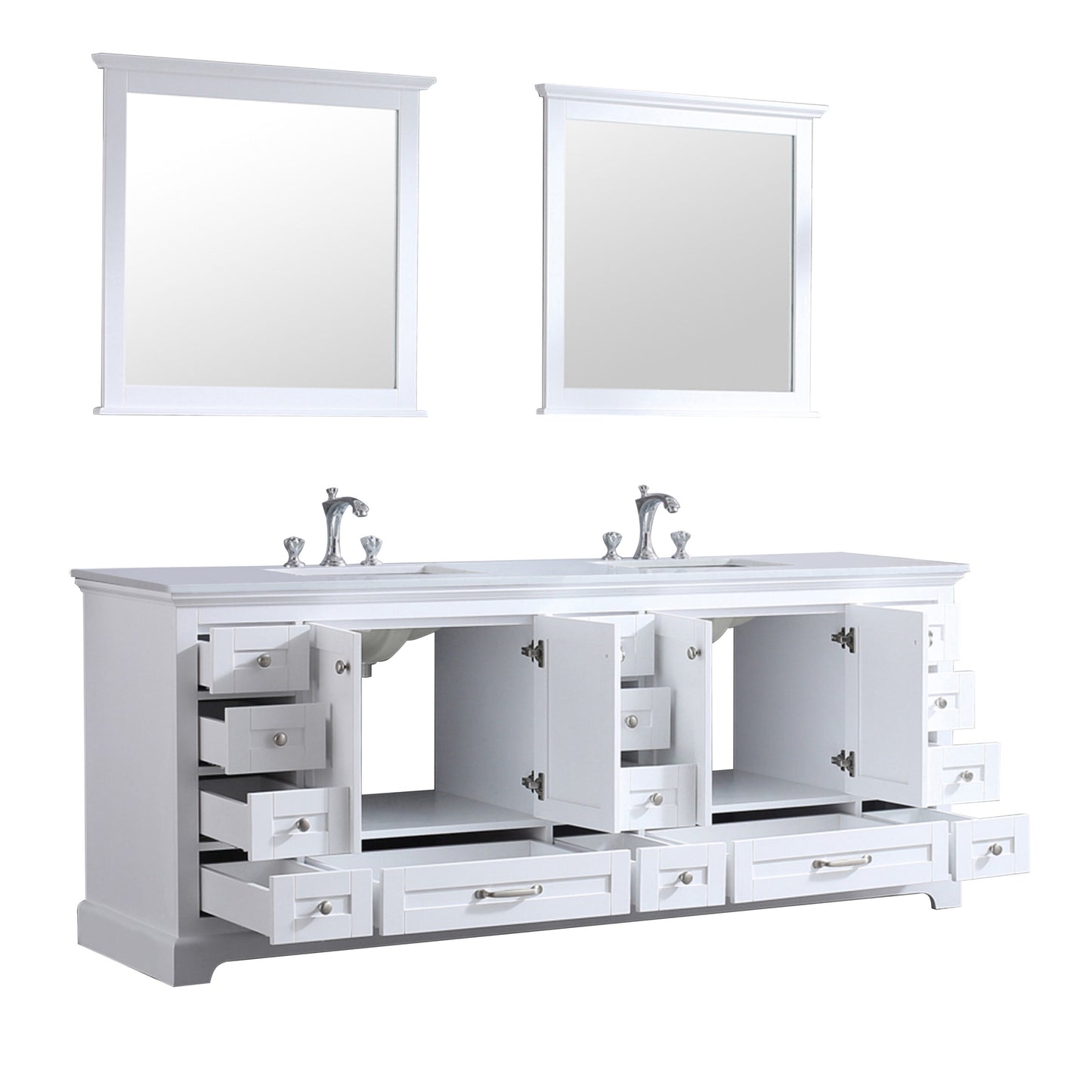 Dukes 84" White Double Vanity, White Quartz Top, White Square Sinks and 34" Mirrors