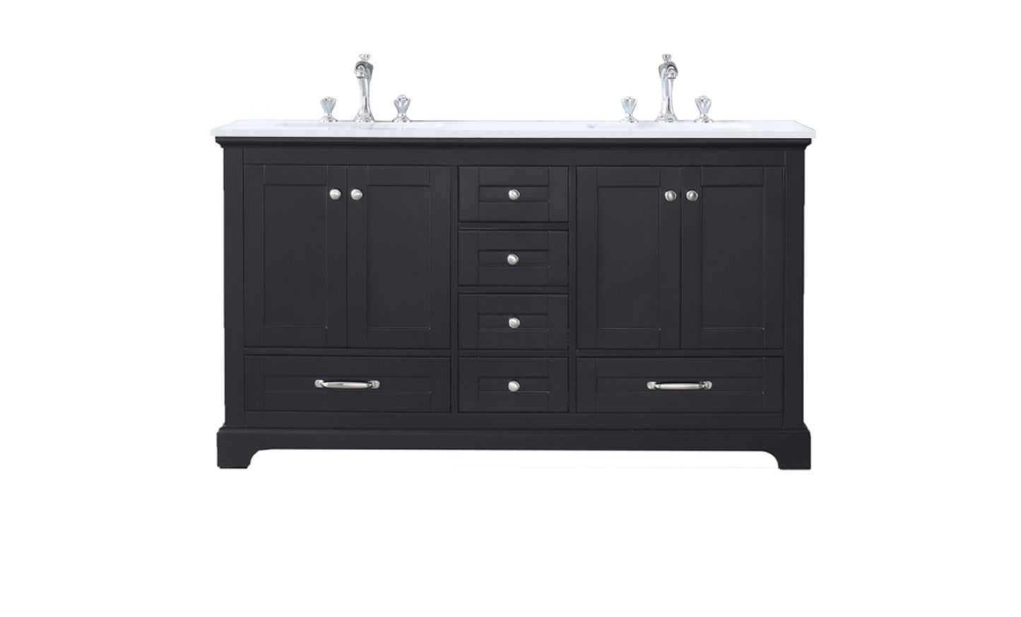 Dukes 60" Espresso Double Vanity, White Quartz Top, White Square Sinks and no Mirror