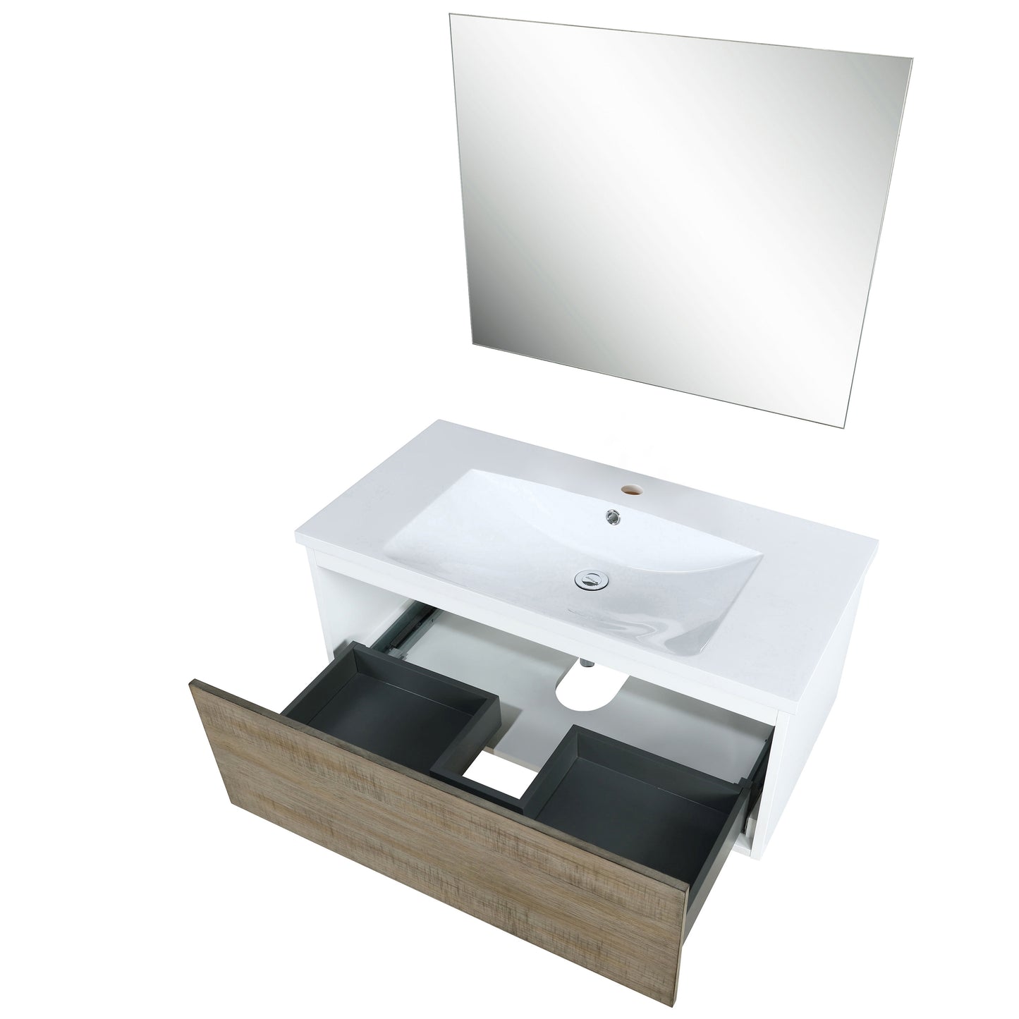 Scopi 36" Rustic Acacia Bathroom Vanity, Acrylic Composite Top with Integrated Sink, and 28" Frameless Mirror