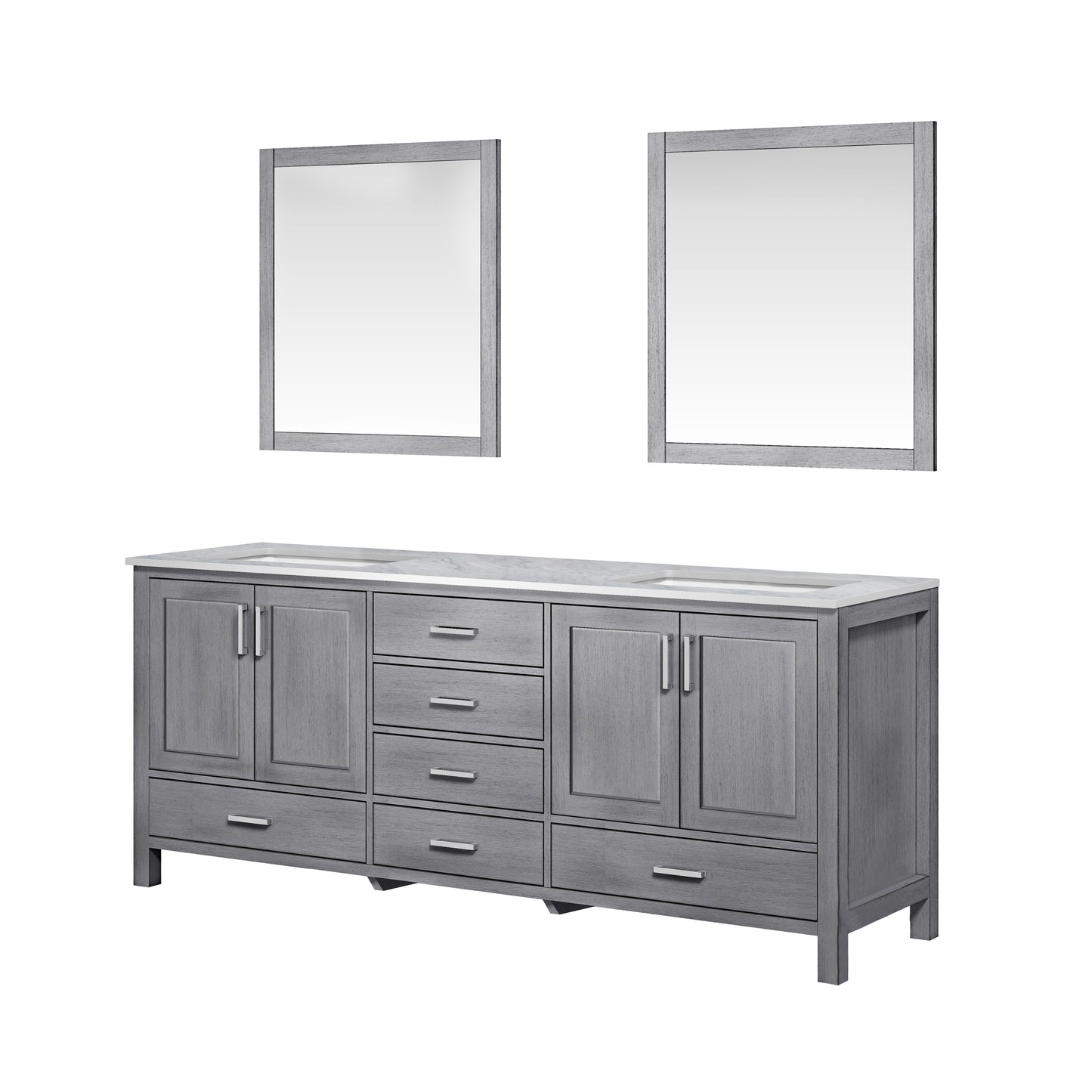 Jacques 80" Distressed Grey Double Vanity, White Carrara Marble Top, White Square Sinks and 30" Mirrors w/ Faucets