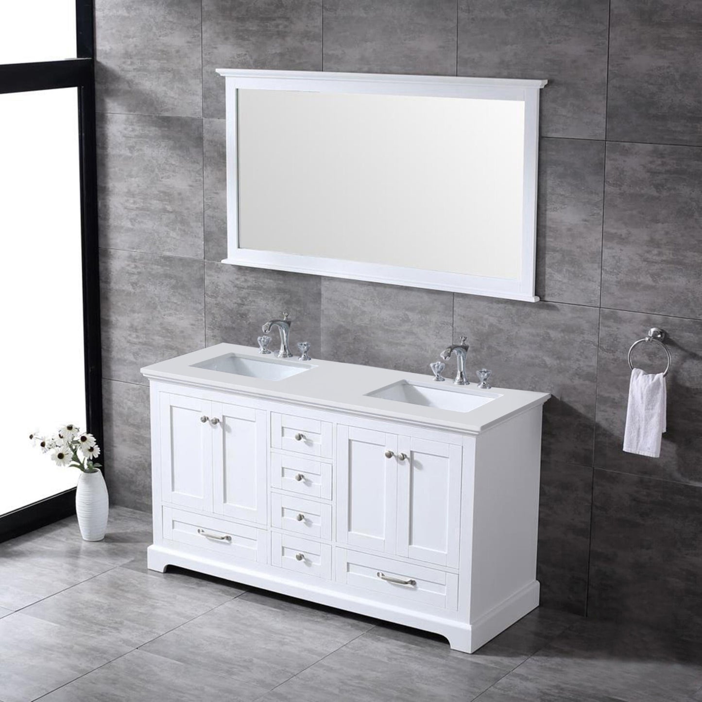 Dukes 60" White Double Vanity, White Quartz Top, White Square Sinks and 58" Mirror w/ Faucets