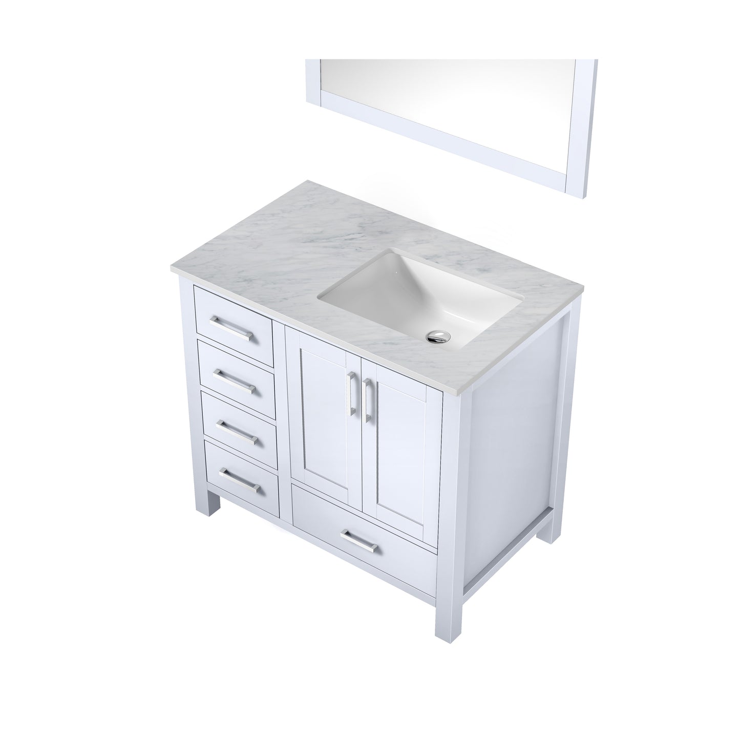 Jacques 36" White Single Vanity, White Carrara Marble Top, White Square Sink and 34" Mirror - Right Version