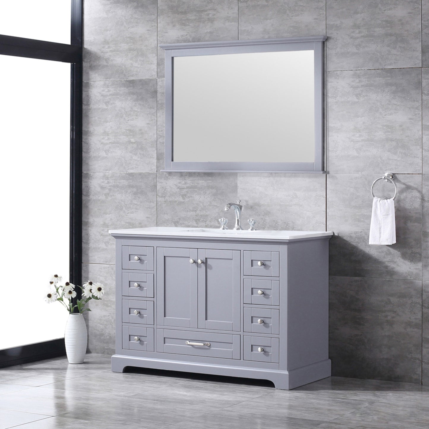 Dukes 48" Dark Grey Single Vanity, White Quartz Top, White Square Sink and 46" Mirror