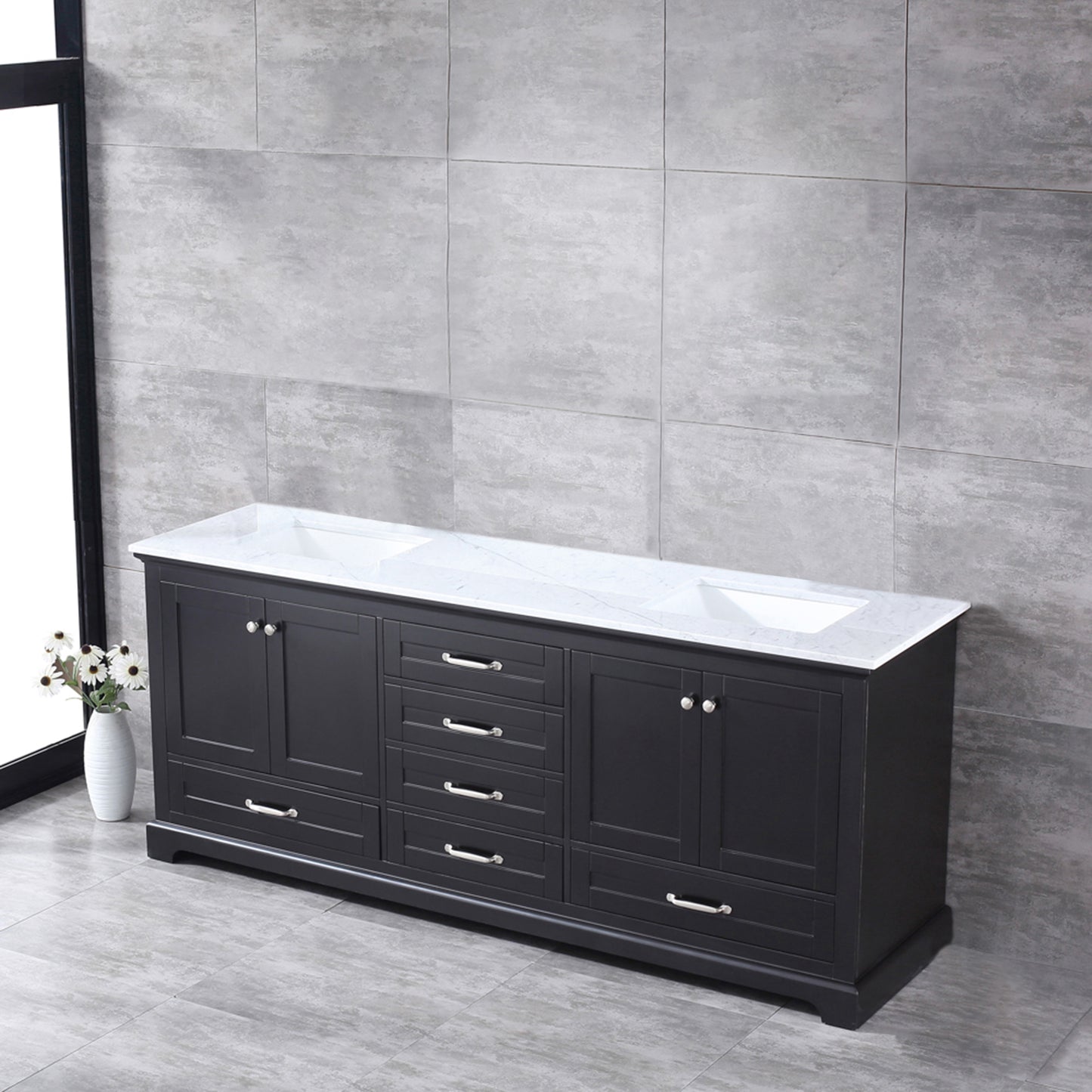 Dukes 80" Espresso Double Vanity, White Carrara Marble Top, White Square Sinks and no Mirror