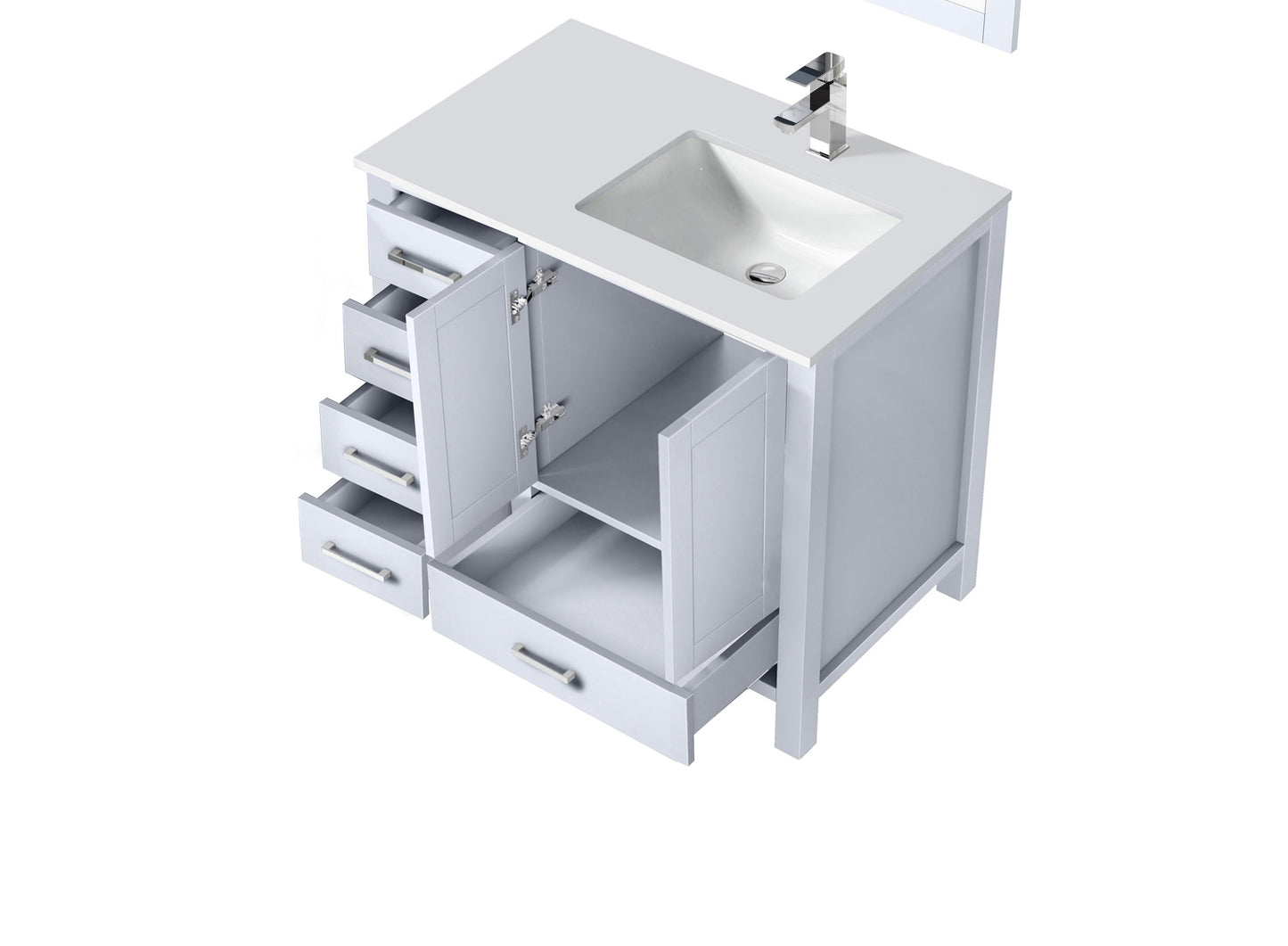 Jacques 36" White Single Vanity, Quartz Top, White Square Sink and no Mirror - Right Version