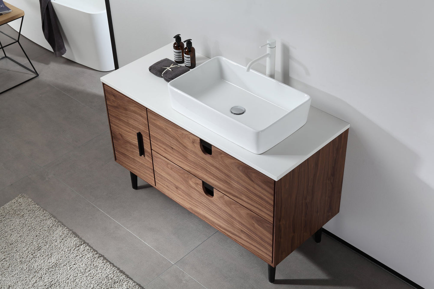 PORTREE 48” WALNUT MID-CENTURY FREESTANDING BATHROOM VANITY