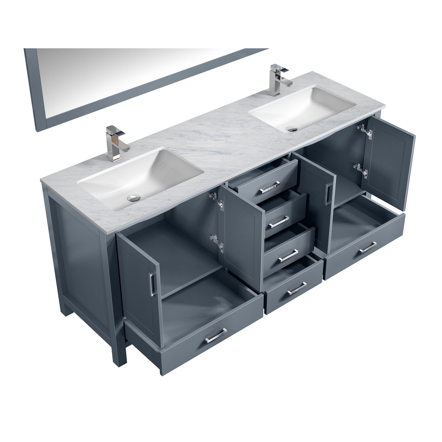 Jacques 72" Dark Grey Double Vanity, White Carrara Marble Top, White Square Sinks and 70" Mirror w/ Faucets