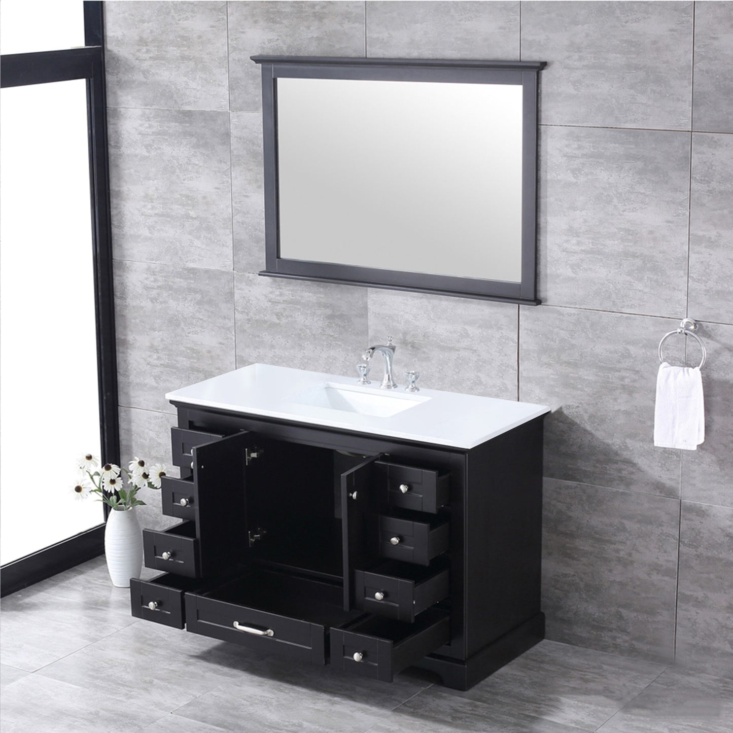 Dukes 48" Espresso Single Vanity, White Quartz Top, White Square Sink and 46" Mirror w/ Faucet