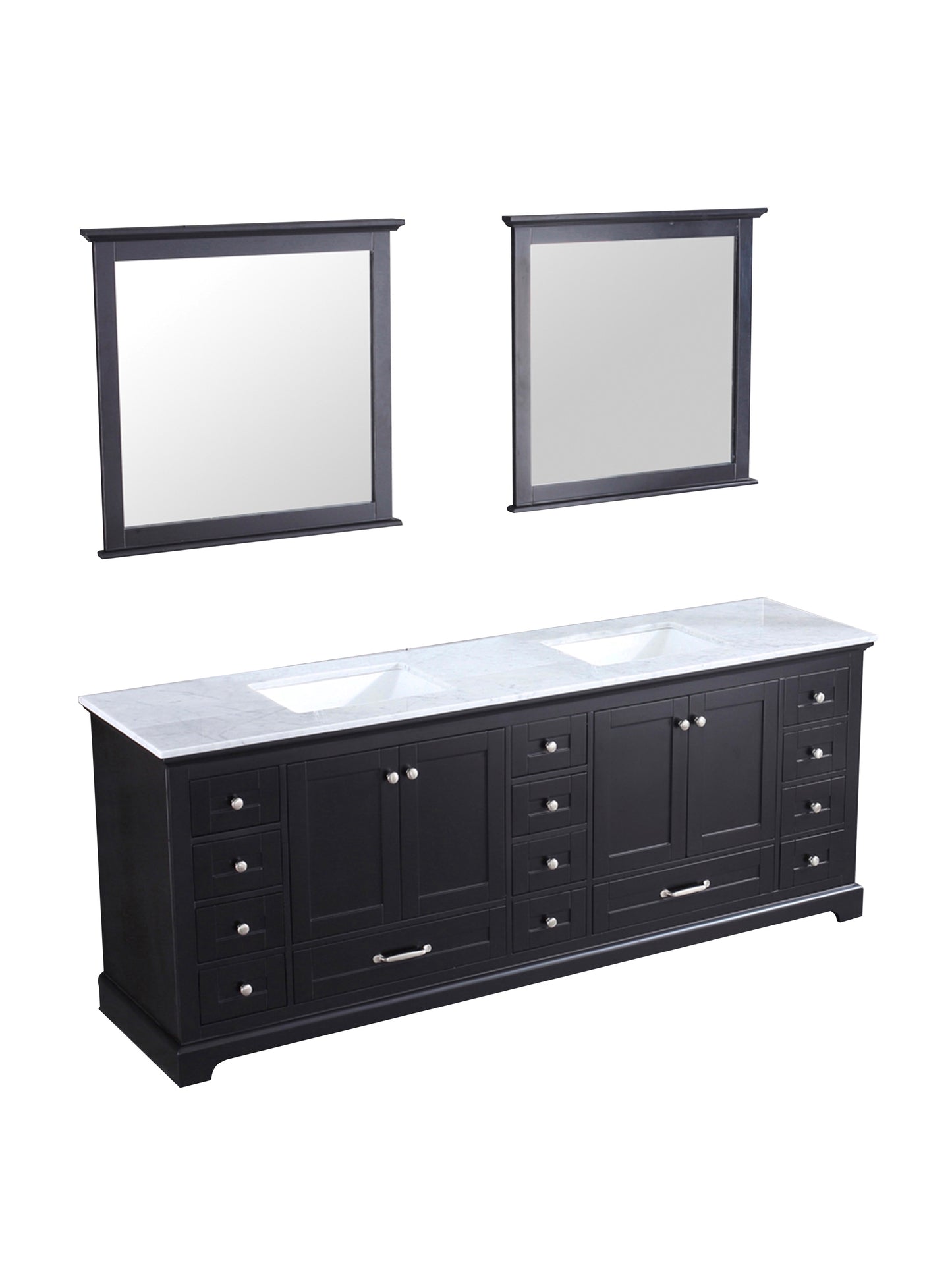 Dukes 84" Espresso Double Vanity, White Carrara Marble Top, White Square Sinks and 34" Mirrors