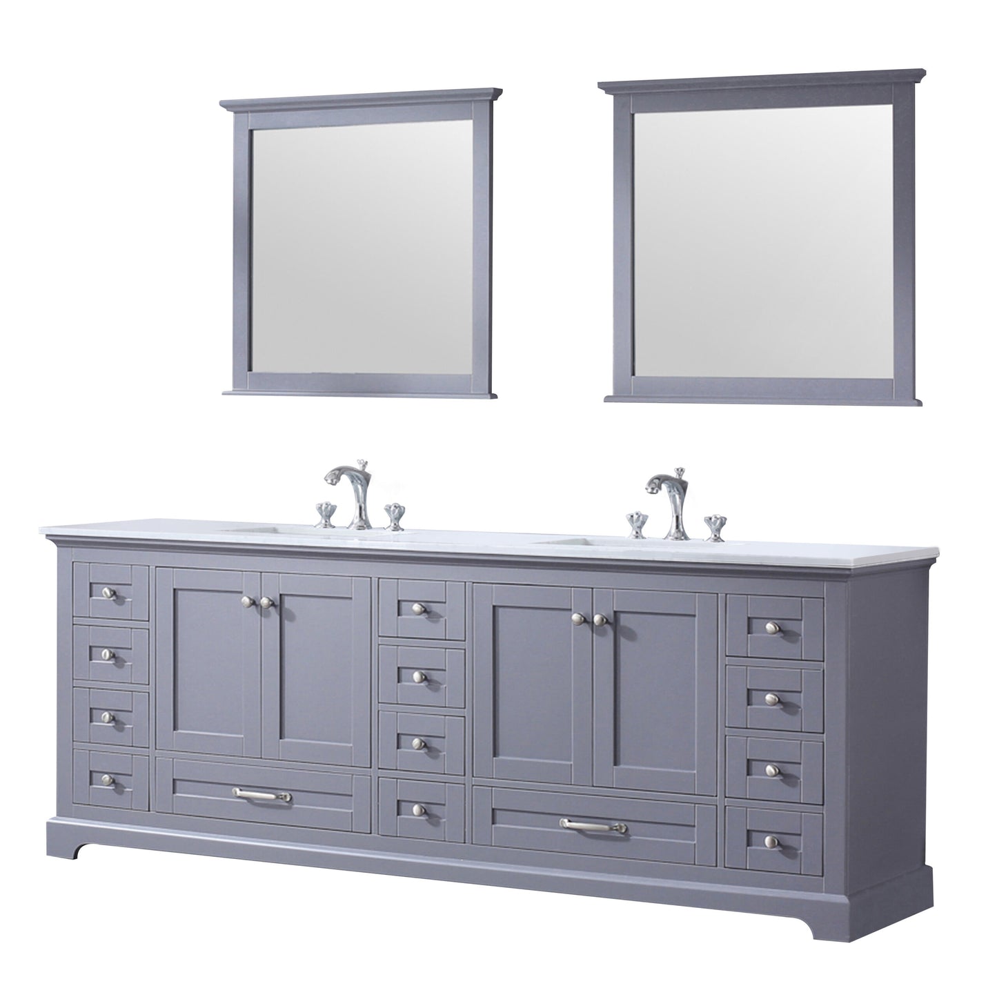 Dukes 84" Dark Grey Double Vanity, White Quartz Top, White Square Sinks and 34" Mirrors w/ Faucets