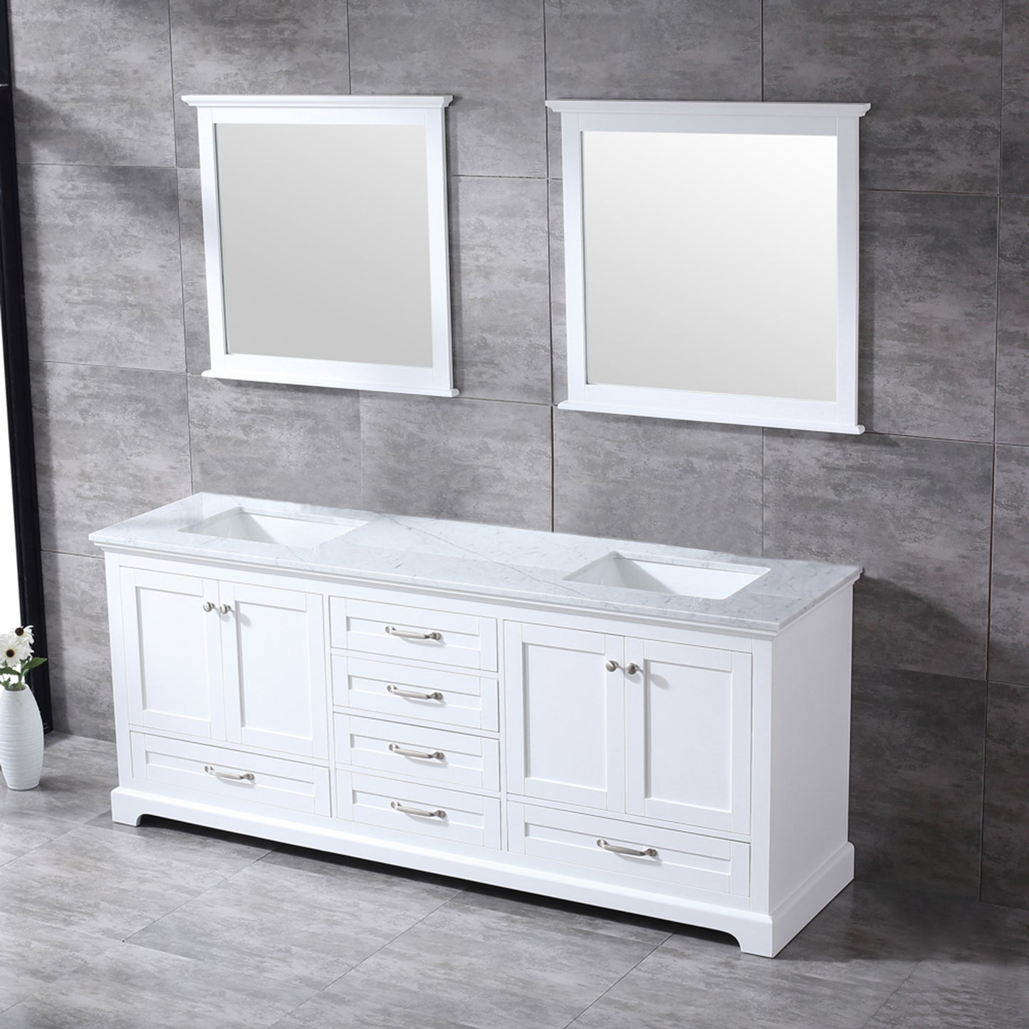 Dukes 80" White Double Vanity, White Carrara Marble Top, White Square Sinks and 30" Mirrors