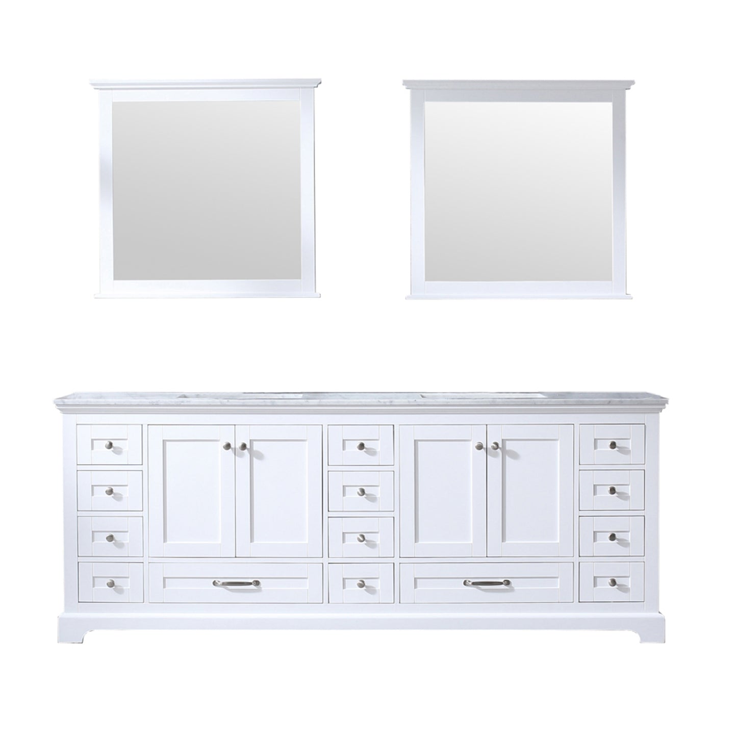 Dukes 84" White Double Vanity, White Carrara Marble Top, White Square Sinks and 34" Mirrors