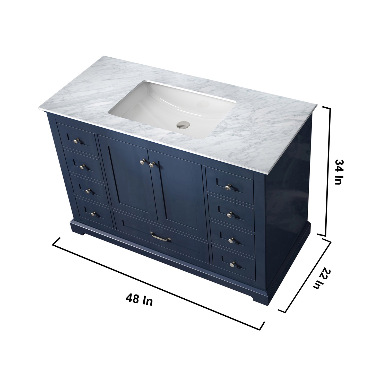 Dukes 48" Navy Blue Single Vanity, White Carrara Marble Top, White Square Sink and no Mirror