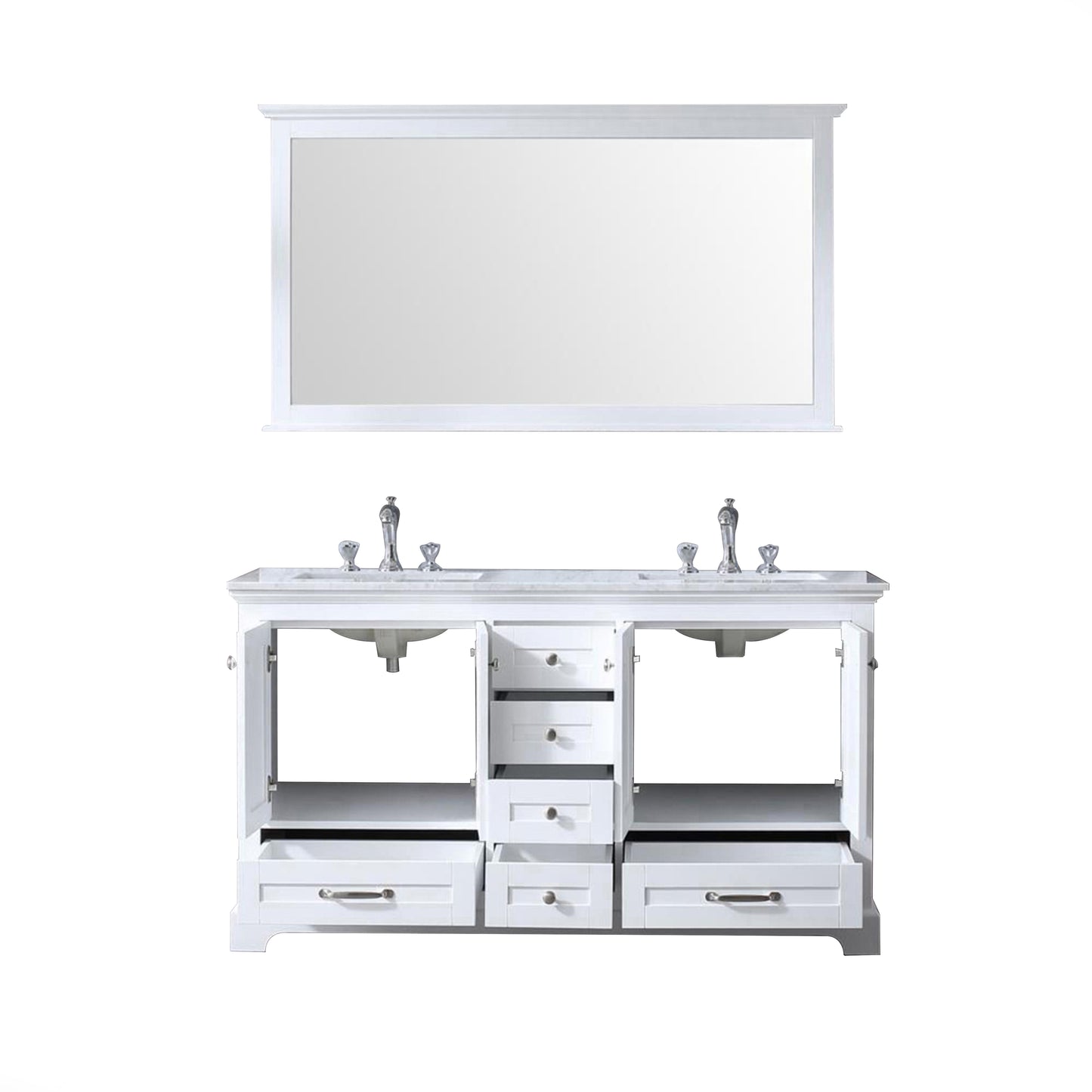 Dukes 60" White Double Vanity, White Carrara Marble Top, White Square Sinks and 58" Mirror w/ Faucets