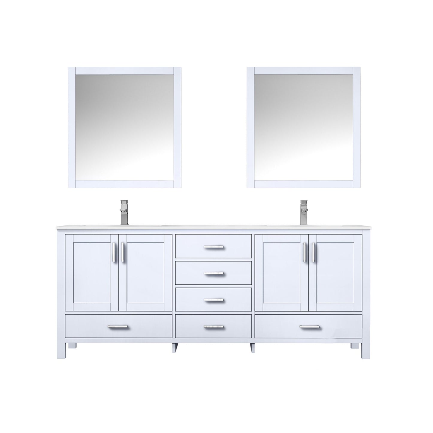 Jacques 80" White Double Vanity, White Quartz Top, White Square Sinks and 30" Mirrors