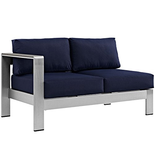 Modway Shore Aluminum Outdoor Patio Left Arm Loveseat in Silver Navy