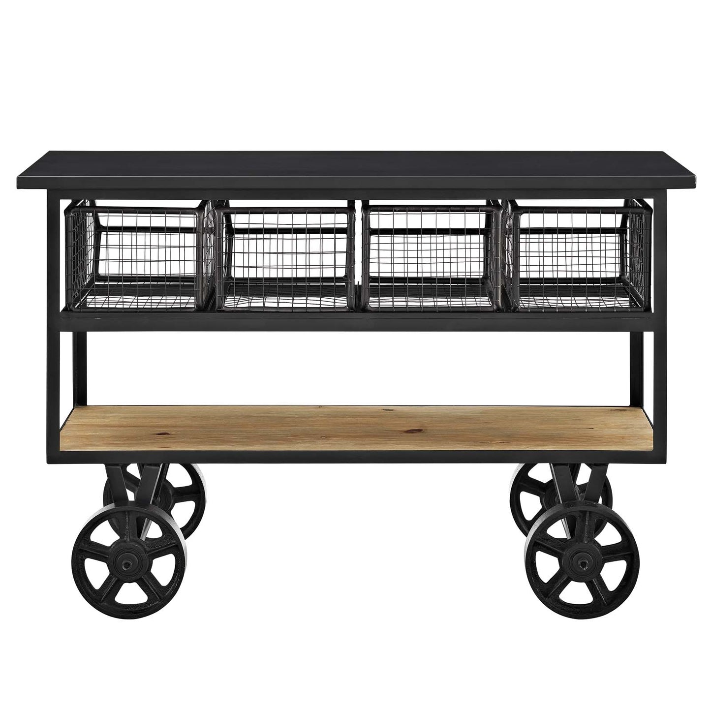 Modway Fairground Rustic Farmhouse and Steel Rolling Cart Kitchen Serving Stand in Brown