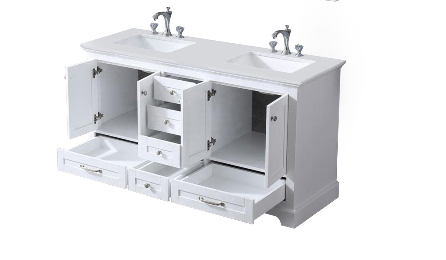 Dukes 60" White Double Vanity, White Quartz Top, White Square Sinks and no Mirror