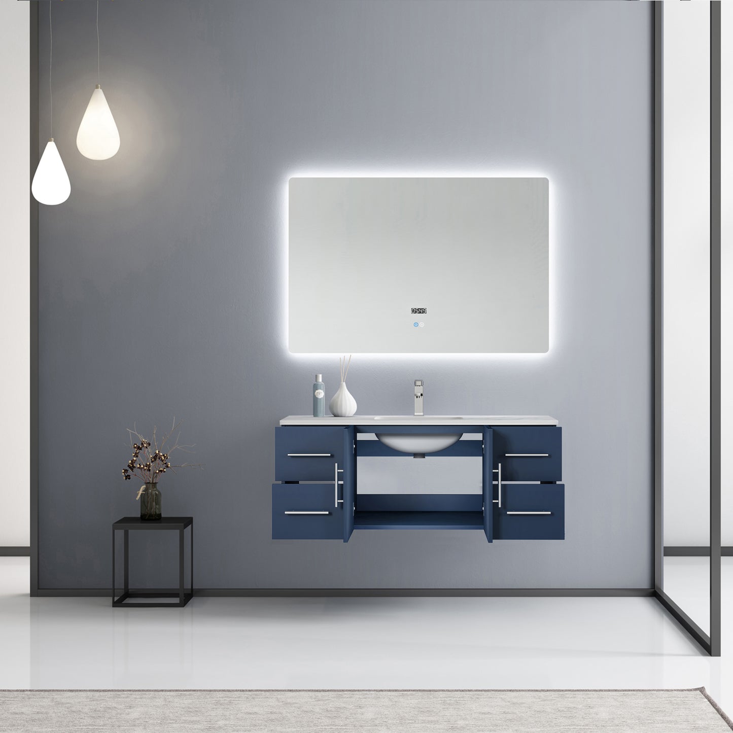 Geneva 48" Navy Blue Single Vanity, White Carrara Marble Top, White Square Sink and 48" LED Mirror w/ Faucet