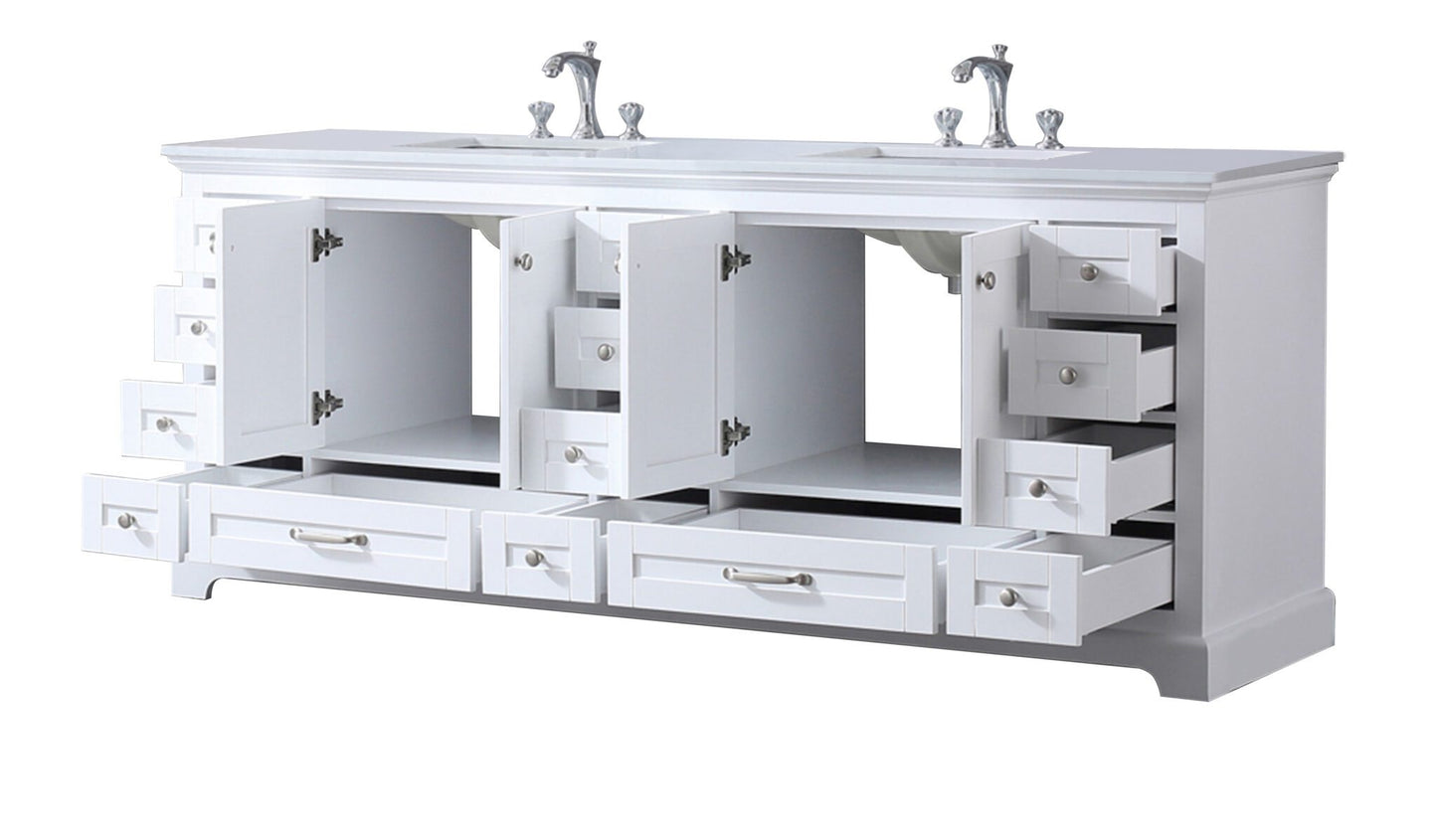 Dukes 84" White Double Vanity, White Quartz Top, White Square Sinks and no Mirror