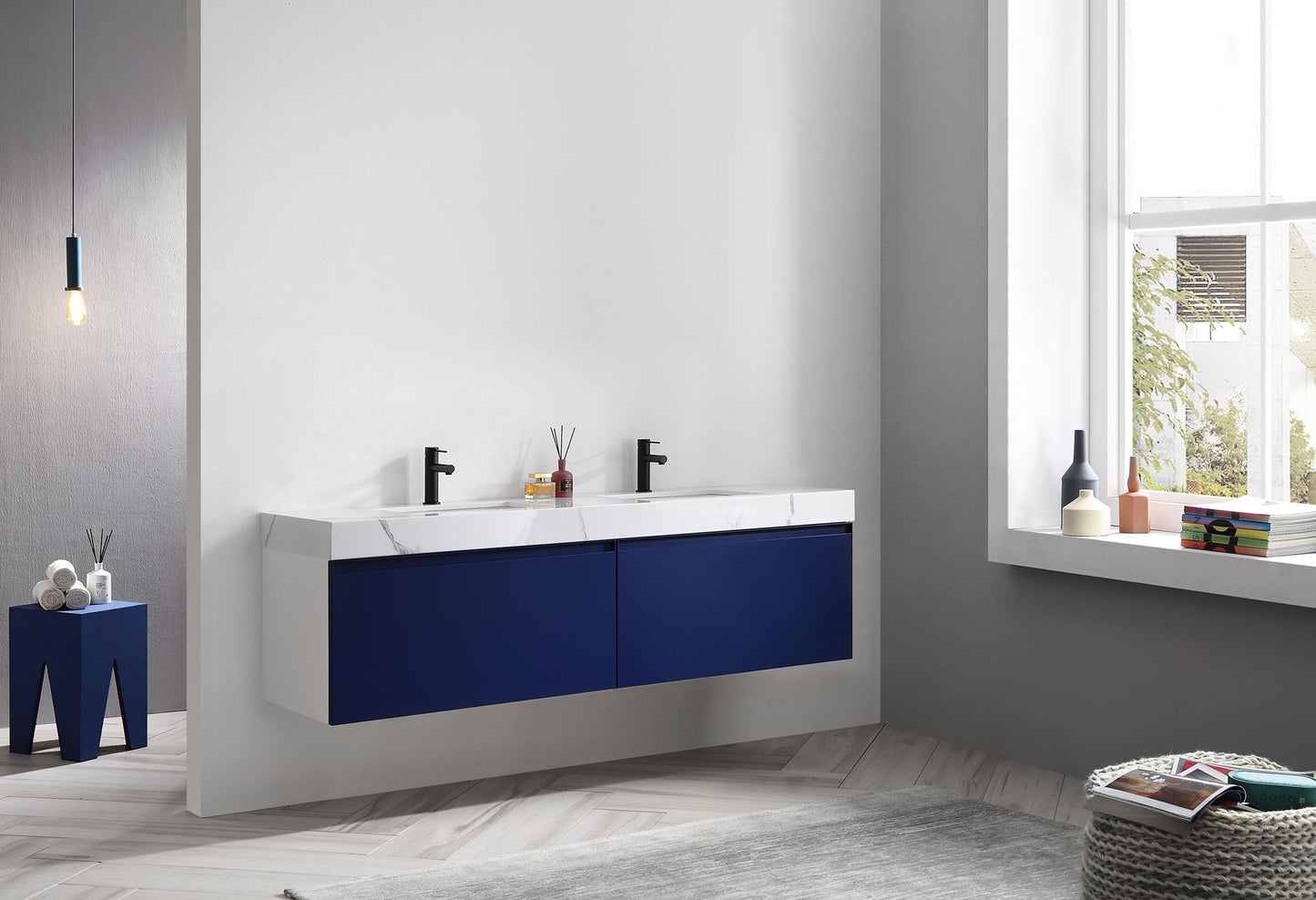 MANAROLA 72” NAVY BLUE WITH THICK QUARTZ WALL MOUNT MODERN BATHROOM VANITY