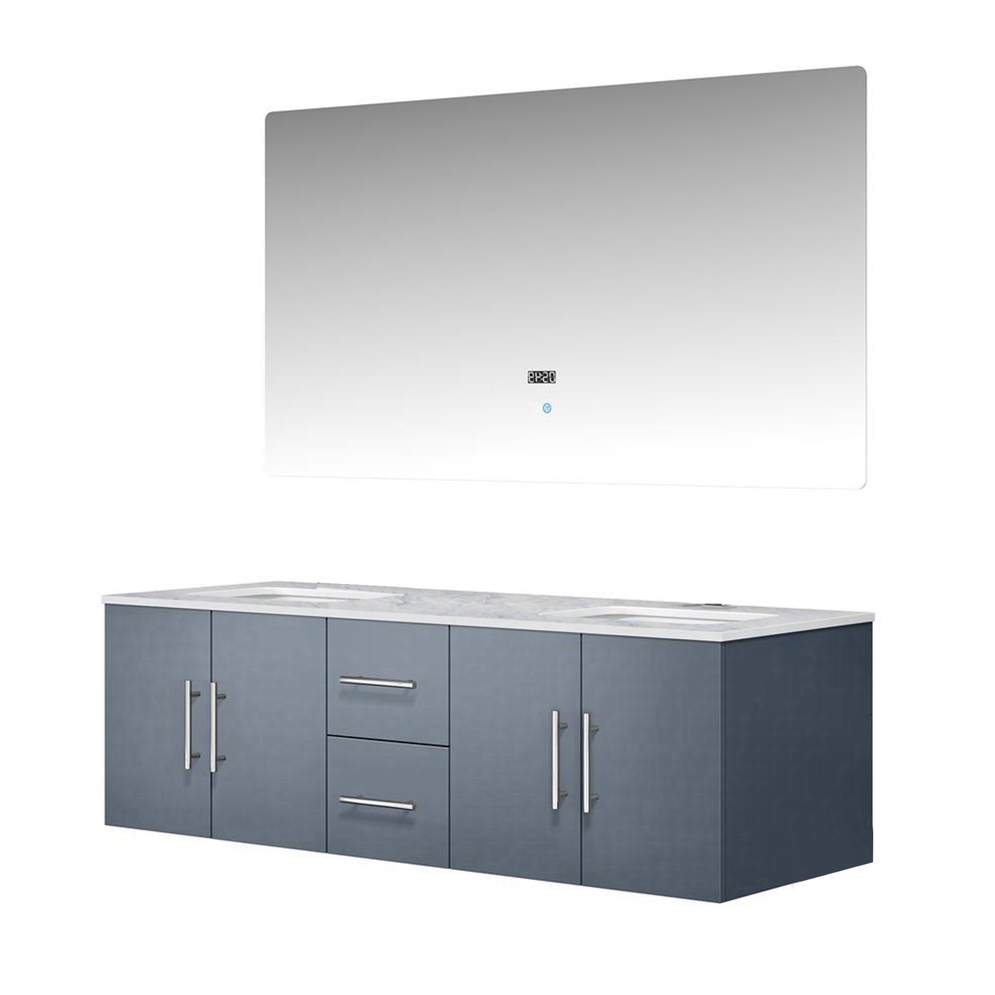 Geneva 60" Dark Grey Double Vanity, White Carrara Marble Top, White Square Sinks and 60" LED Mirror