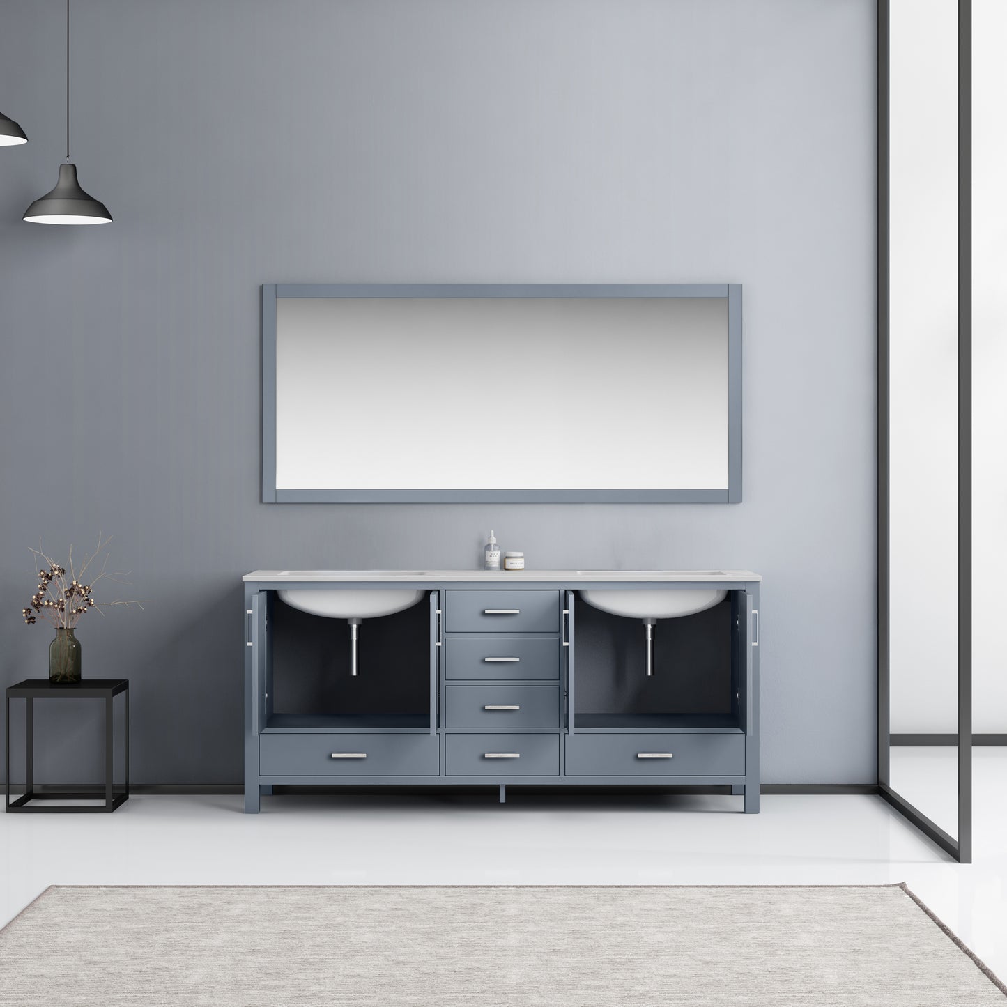 Jacques 72" Dark Grey Double Vanity, White Carrara Marble Top, White Square Sinks and 70" Mirror