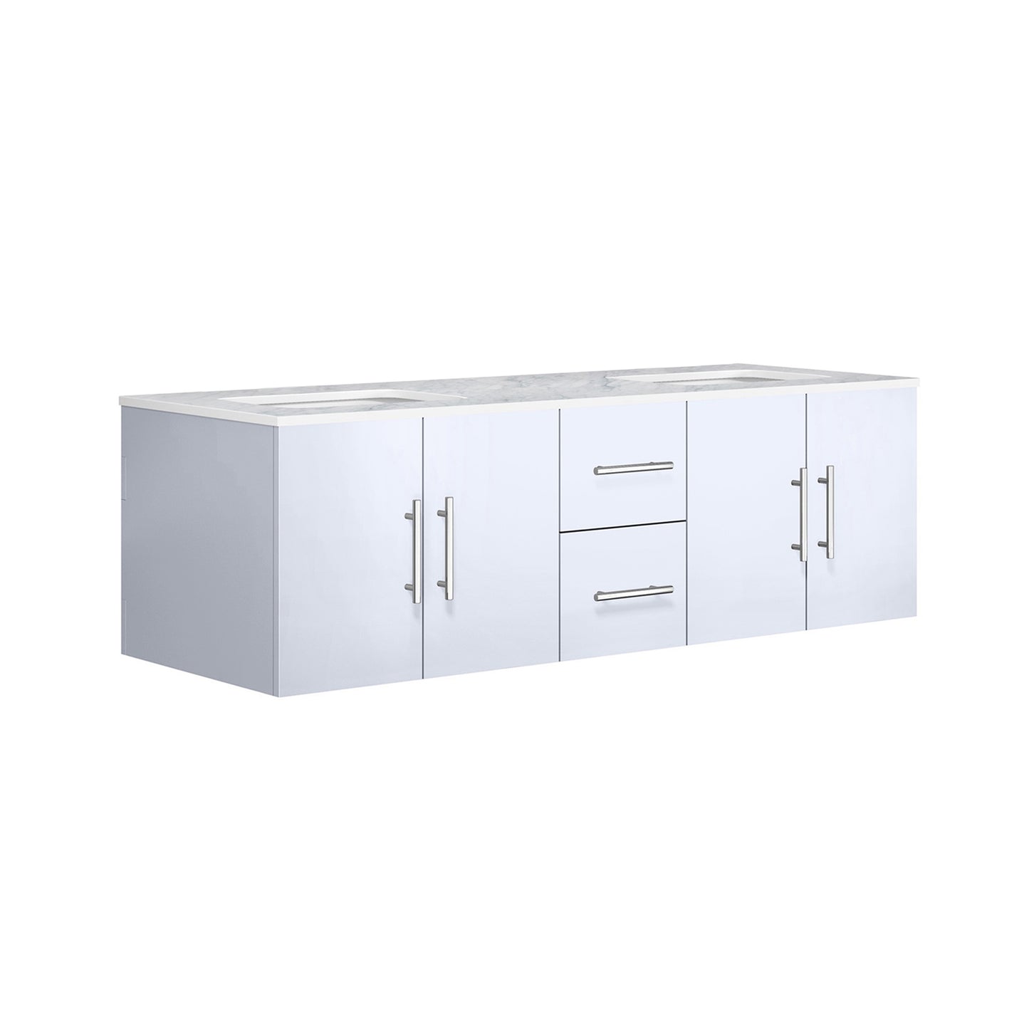 Geneva 60" Glossy White Double Vanity, White Carrara Marble Top, White Square Sinks and no Mirror