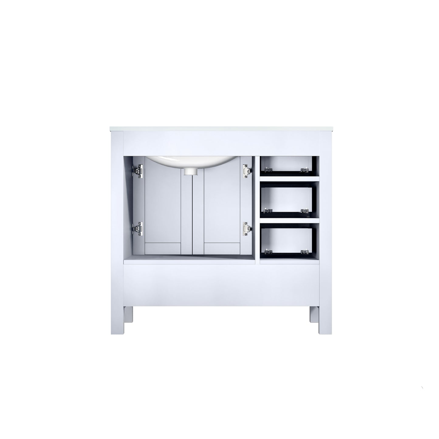 Jacques 36" White Single Vanity, White Carrara Marble Top, White Square Sink and 34" Mirror - Right Version