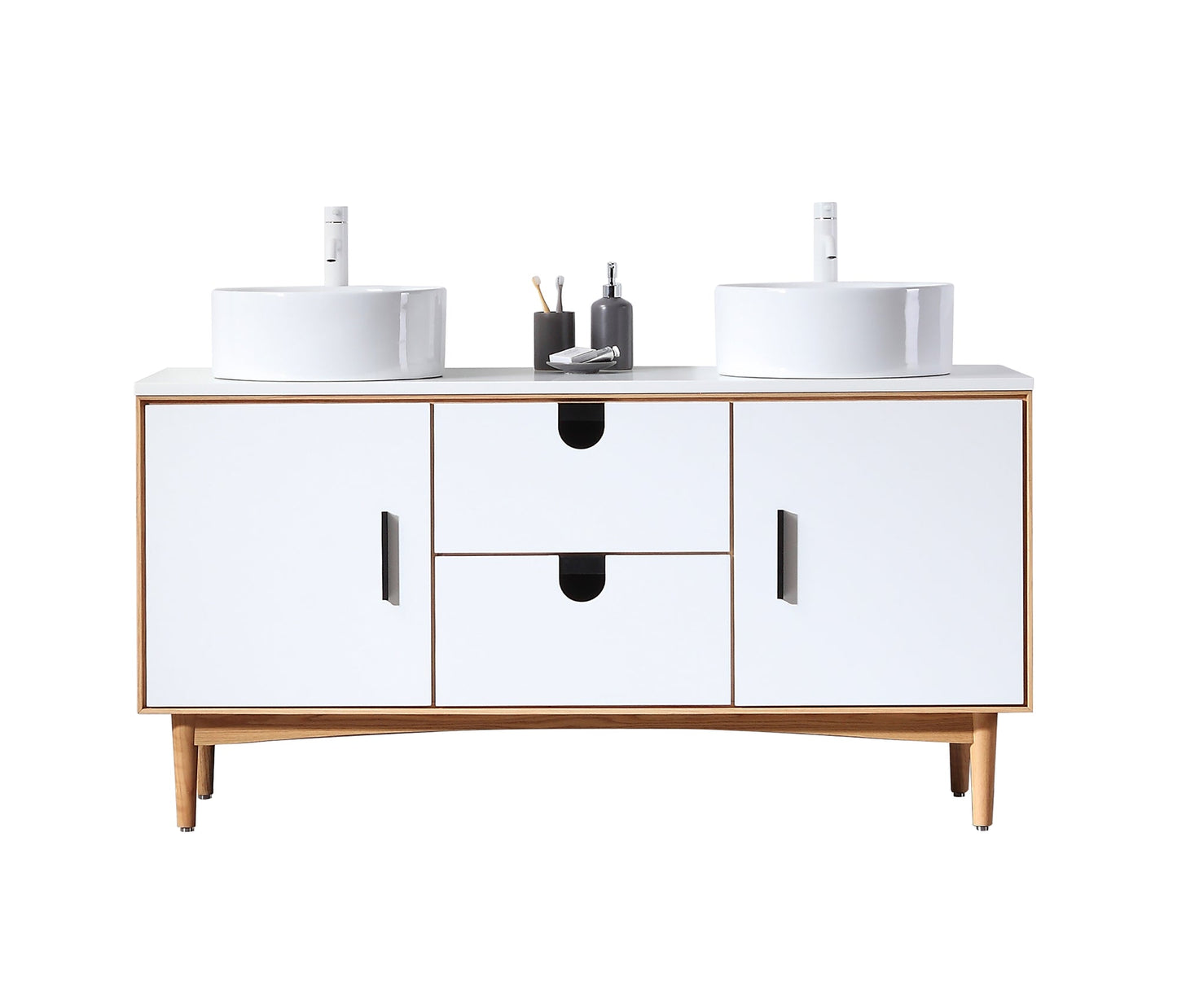 PORTREE 60” MATTE WHITE MID-CENTURY FREESTANDING BATHROOM VANITY