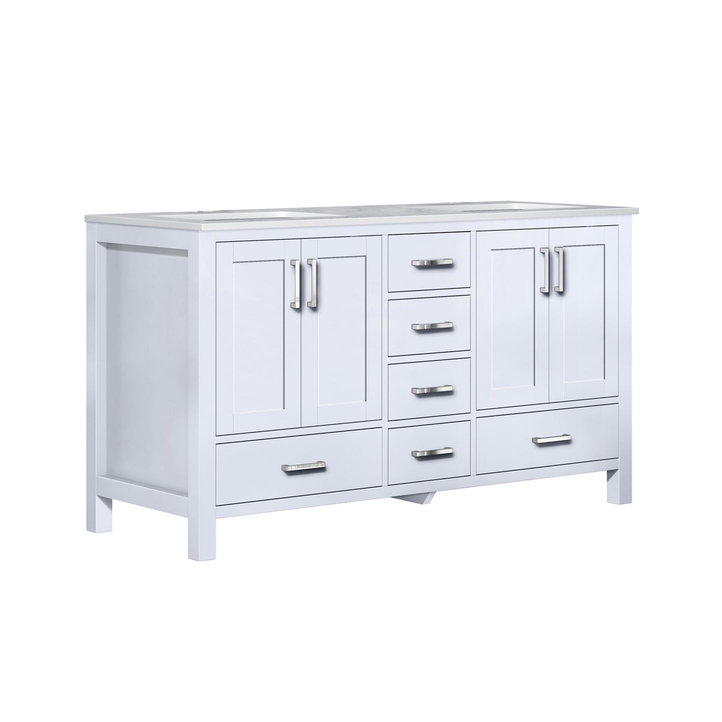 Jacques 60" White Double Vanity, White Carrara Marble Top, White Square Sinks and no Mirror