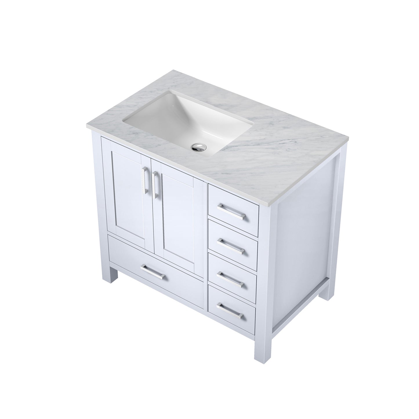 Jacques 36" White Single Vanity, White Carrara Marble Top, White Square Sink and no Mirror - Left Version